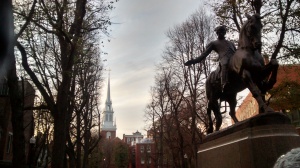 Tours of the Freedom Trail®: Allegiance to Revolution. Paul Revere Monument with Old North Church in background. 